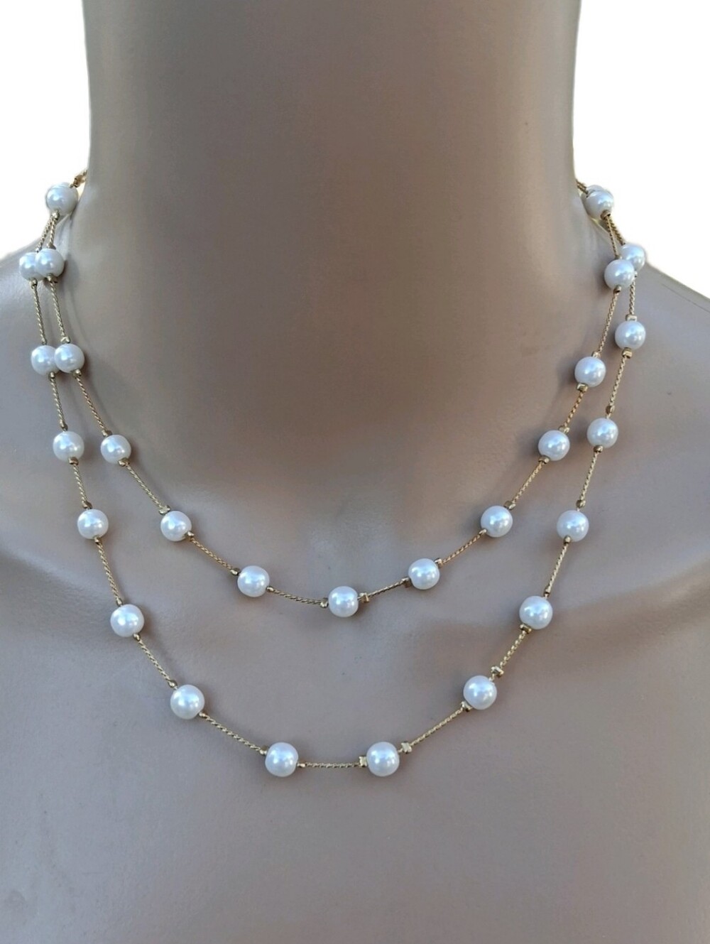 1928 Jewelry Co Double Strand Faux Pearl Station Necklace Gold Tone Layered